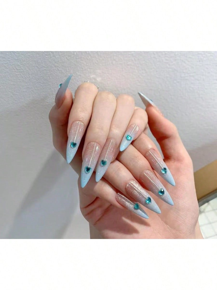 Long Stiletto Press-On Nails With Heart-Shaped Rhinestones, Blue Gradient Tips, Glitter Decorations, And Glossy Finish. This High-Quality Acrylic Nail Set Is Designed For Various Occasions To Add A Touch Of Elegance And Unique Charm To Your Nails.
