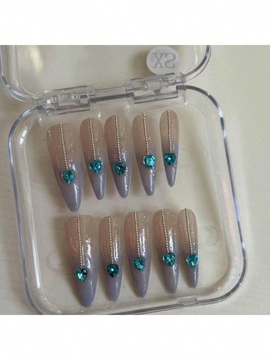 Long Stiletto Press-On Nails With Heart-Shaped Rhinestones, Blue Gradient Tips, Glitter Decorations, And Glossy Finish. This High-Quality Acrylic Nail Set Is Designed For Various Occasions To Add A Touch Of Elegance And Unique Charm To Your Nails.