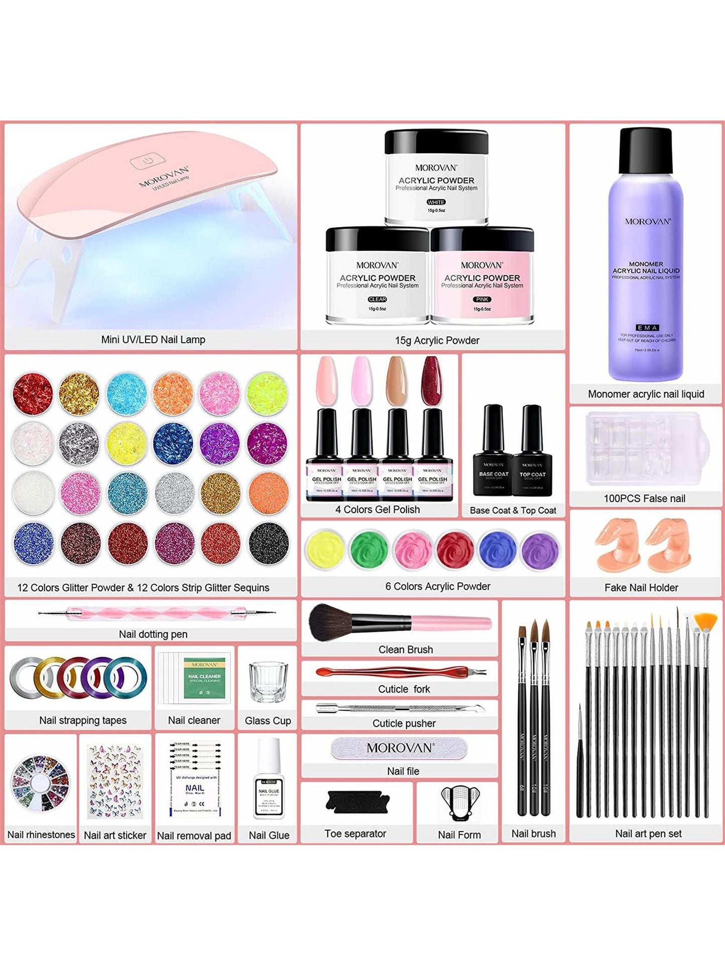 Morovan Morovan Acrylic Nail Kit With Everything - For Beginners Acrylic Nail Supplies Gel Nail Polish Kit With U V Light, Nails Kit Acrylic Set Glitter Acrylic Powder Nail Extension Kit Nail Art Starter Kit Valentines