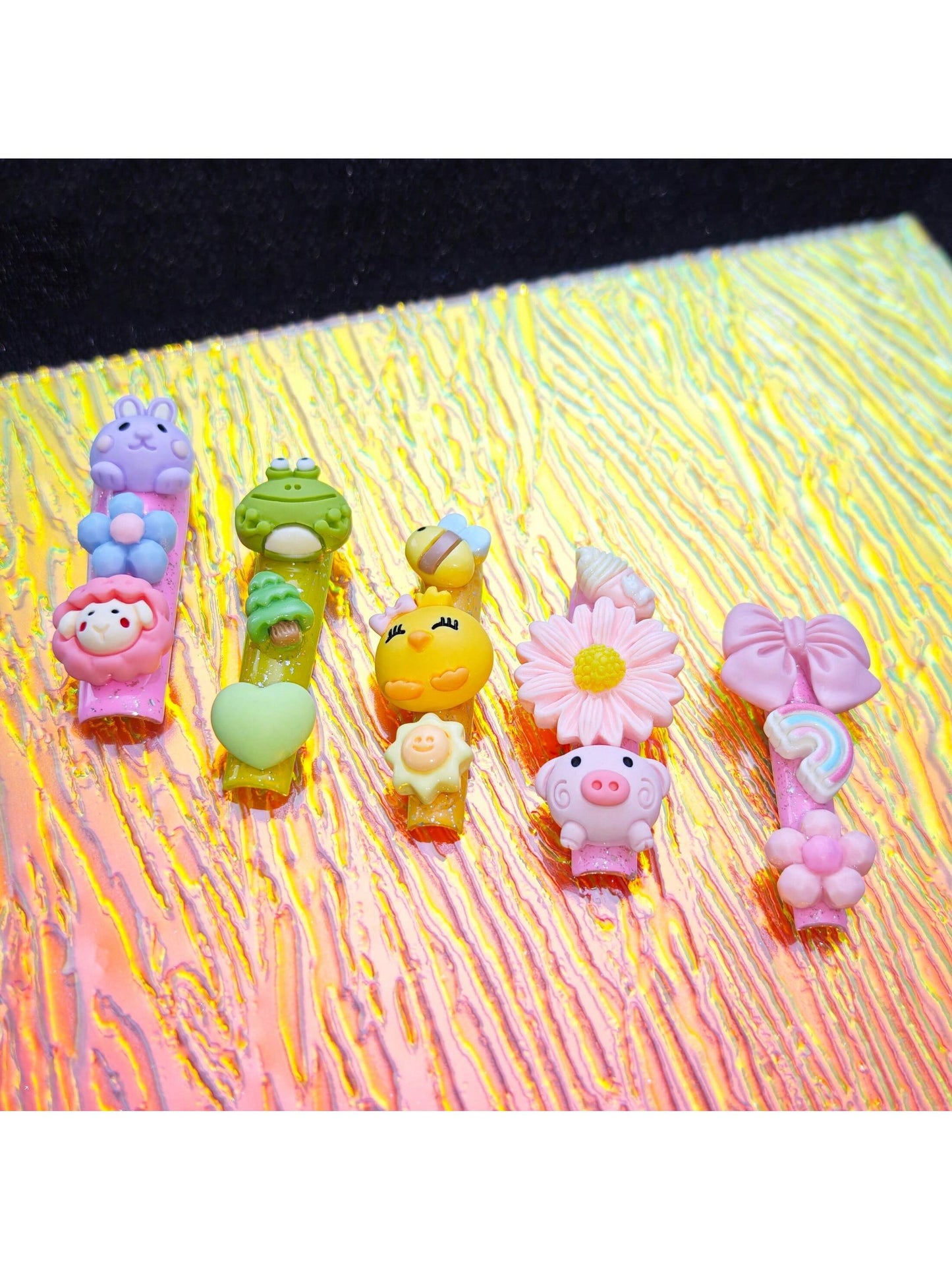 10pcs Handmade Press-On Nails Set,Mixed Color,Extra Long Coffin,3D Accessories,Cartoon Animal Accessories, Rabbit, Pig, Heart, Fashion Design, Party Wear, Theme Party , Upgrade Your Look, Surprising Gifts