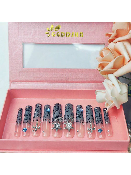 GGddsha 2025 Handmade Long Nails Reusable PMMA Acrylic Press On Nails Striped Gradient With Rhinestones Reusable Full Coverage Fake Nails Handmade Nails Ladies Fake Nail Set