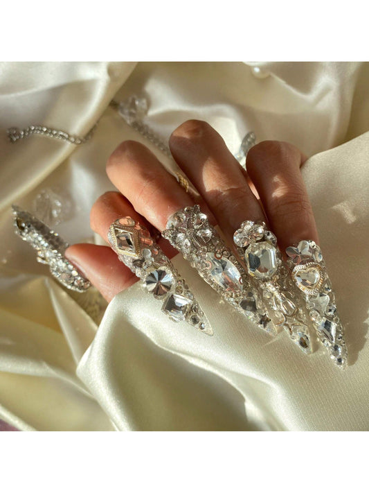 Handmade Press On Nails Medium Long Almond Metallic Silver Nail Tips Adorned With Sparkling Gemstones And Intricate Details. Exquisitely Designed To Make A Statement Of Glamour And Elegance. Ideal For Various Occasions Like Parties, Weddings, Daily And Ho