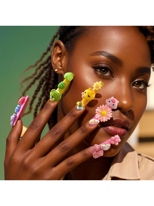 10pcs Handmade Press-On Nails Set,Mixed Color,Extra Long Coffin,3D Accessories,Cartoon Animal Accessories, Rabbit, Pig, Heart, Fashion Design, Party Wear, Theme Party , Upgrade Your Look, Surprising Gifts