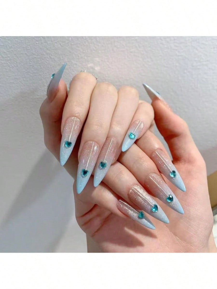 Long Stiletto Press-On Nails With Heart-Shaped Rhinestones, Blue Gradient Tips, Glitter Decorations, And Glossy Finish. This High-Quality Acrylic Nail Set Is Designed For Various Occasions To Add A Touch Of Elegance And Unique Charm To Your Nails.
