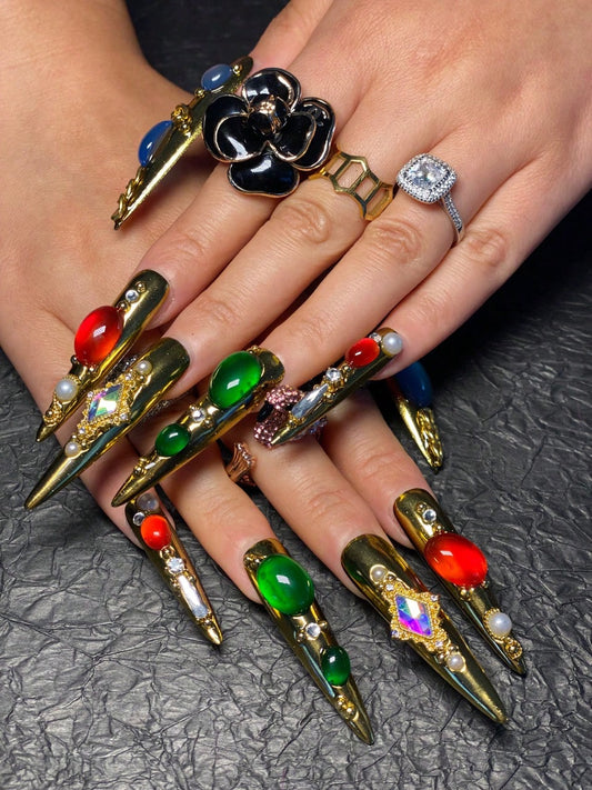 Luxury 3D Gemstone Press-On Nails, Gold & Jewel Accents, Long Stiletto, Statement Manicure