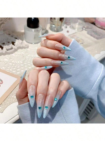 Long Stiletto Press-On Nails With Heart-Shaped Rhinestones, Blue Gradient Tips, Glitter Decorations, And Glossy Finish. This High-Quality Acrylic Nail Set Is Designed For Various Occasions To Add A Touch Of Elegance And Unique Charm To Your Nails.