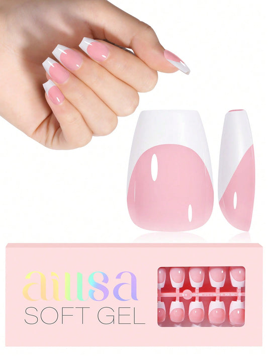 AILLSA 180Pcs Extra Short Coffin French Style Nail Tips, 15 Sizes Light Pink French Acrylic Fake Nails,  Suitable For Nail Art DIY And Nail Salon Press On Nail Supplie