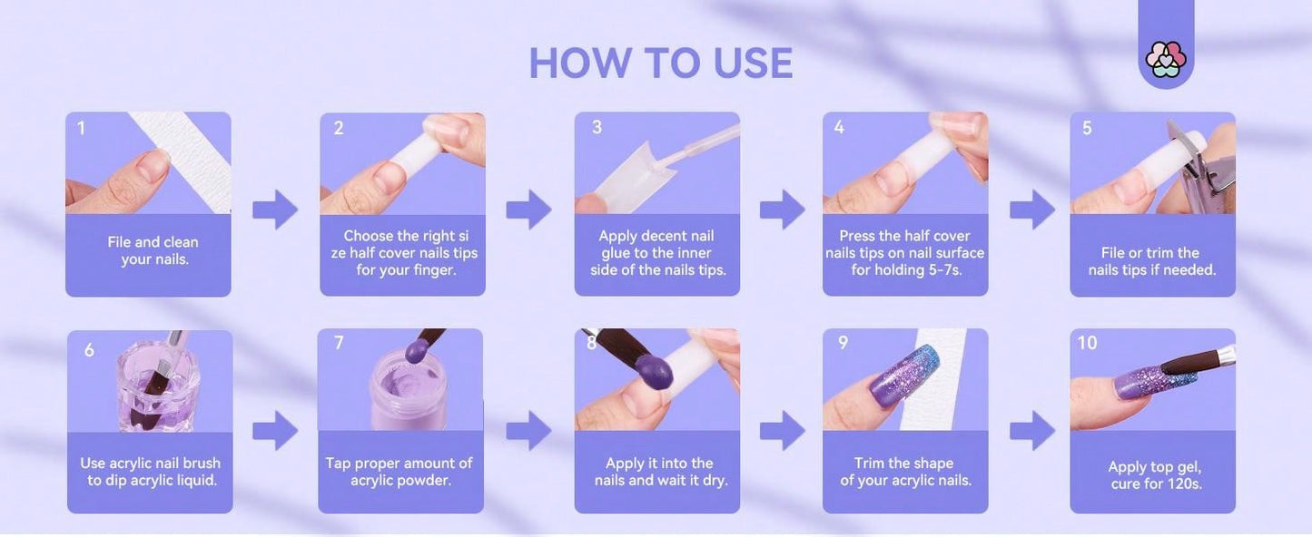 Acrylic Nail Tips With Glue: Half Cover False Nail Tips 10 Sizes For Acrylic Nails Professional French Tips And Acrylic Nail Brush 8/10/14 Fast-Dry Nail Glue & Acrylic Nail Stater Kit Natural