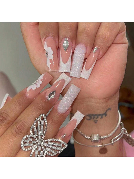 Long Square Press On Nails Durable Full Cover False Nails Jelly Glue Model