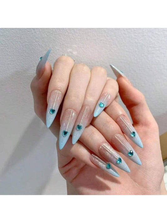 Long Stiletto Press-On Nails With Heart-Shaped Rhinestones, Blue Gradient Tips, Glitter Decorations, And Glossy Finish. This High-Quality Acrylic Nail Set Is Designed For Various Occasions To Add A Touch Of Elegance And Unique Charm To Your Nails.
