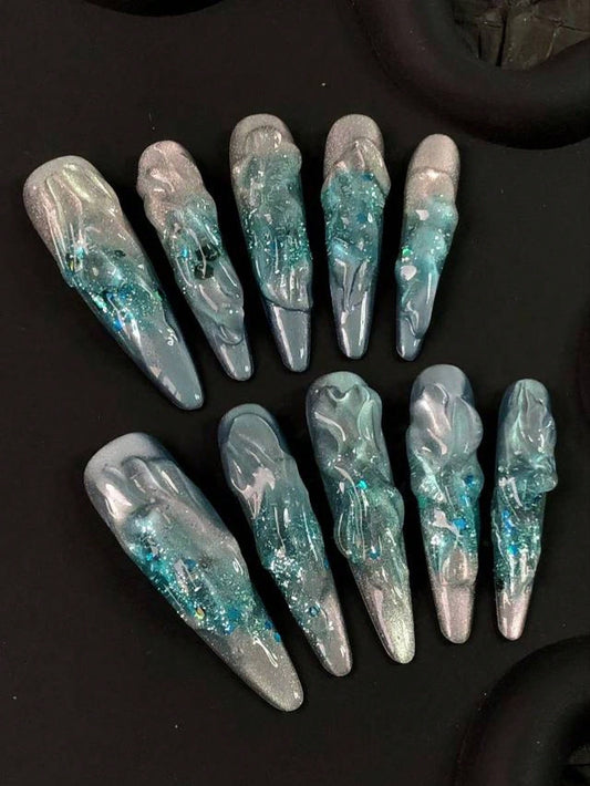 Metallic Ice Blue 3D Press-On Nails – Long Coffin Chrome Nails With Lava Texture & Glitter Accents