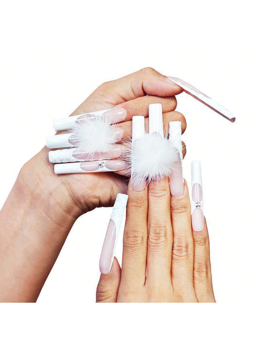 White Press-On Nails With Fluffy Pom-Pom Accents And Minimalist Design – Long Coffin Shape Fake Nails For Women And Teens, Reusable Stick-On Nail Set For Daily Wear, Parties, Weddings, And Special Events, Perfect Valentine's Day Gift Or Birth