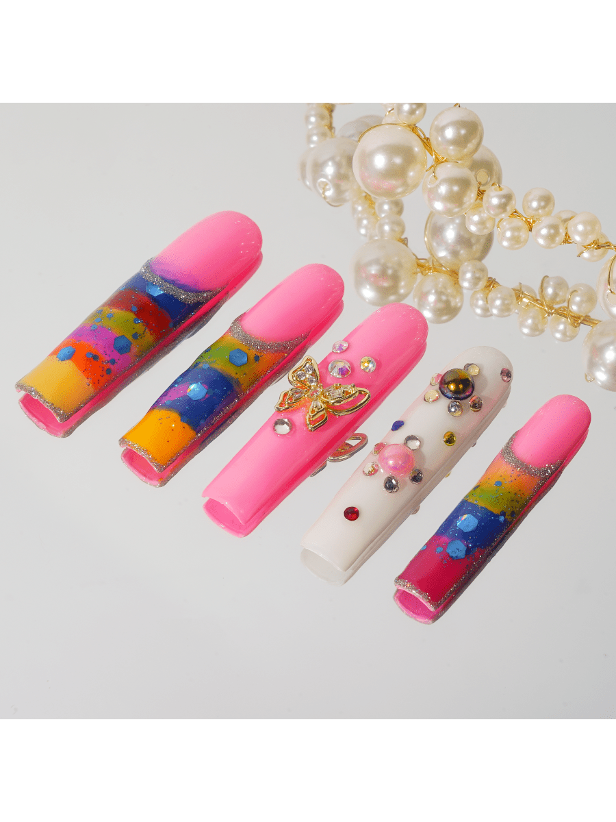 Pink Rainbow Bubbles Square Nails