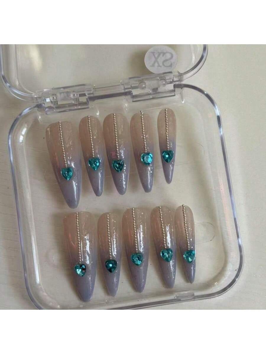 Long Stiletto Press-On Nails With Heart-Shaped Rhinestones, Blue Gradient Tips, Glitter Decorations, And Glossy Finish. This High-Quality Acrylic Nail Set Is Designed For Various Occasions To Add A Touch Of Elegance And Unique Charm To Your Nails.