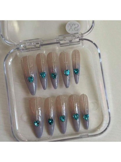 Long Stiletto Press-On Nails With Heart-Shaped Rhinestones, Blue Gradient Tips, Glitter Decorations, And Glossy Finish. This High-Quality Acrylic Nail Set Is Designed For Various Occasions To Add A Touch Of Elegance And Unique Charm To Your Nails.