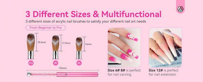 3pcs Acrylic Nail Brush Set - Size 6/8/12 Acrylic Nail Brushes For Acrylic Application, Professional Acrylic Brush Set For Acrylic Powder Nail Art Extension & 3D Carving Nail Salon Home DIY