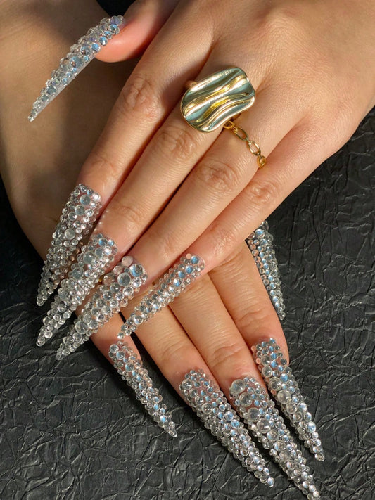 Luxury Crystal Rhinestone Press-On Nails – Extra Long Stiletto Bling Fake Nails | Reusable & Glamorous