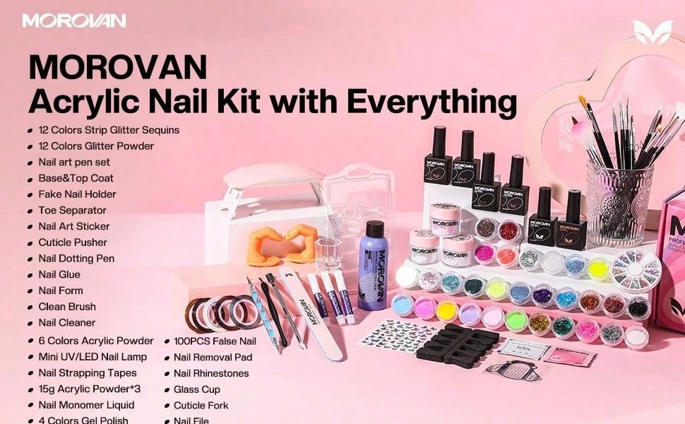 Morovan Morovan Acrylic Nail Kit With Everything - For Beginners Acrylic Nail Supplies Gel Nail Polish Kit With U V Light, Nails Kit Acrylic Set Glitter Acrylic Powder Nail Extension Kit Nail Art Starter Kit Valentines