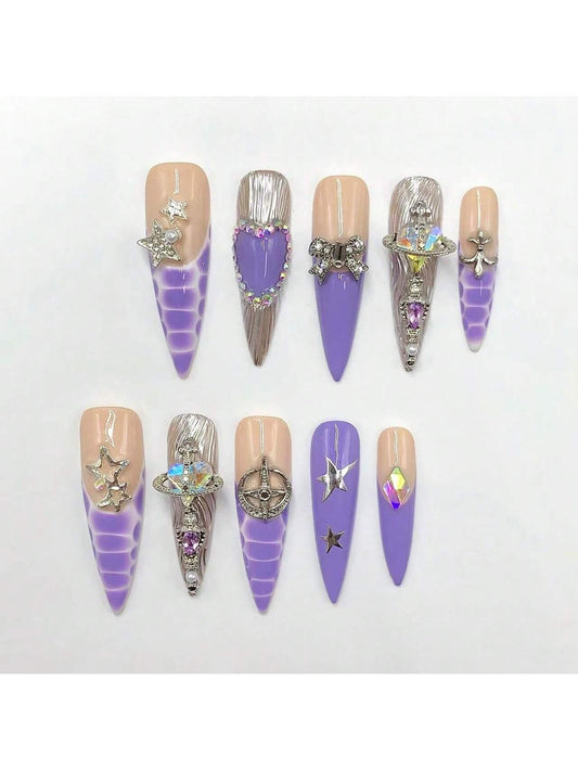 3D Star & Planet Nude To Purple Ombre Press-On Nails With Rhinestones