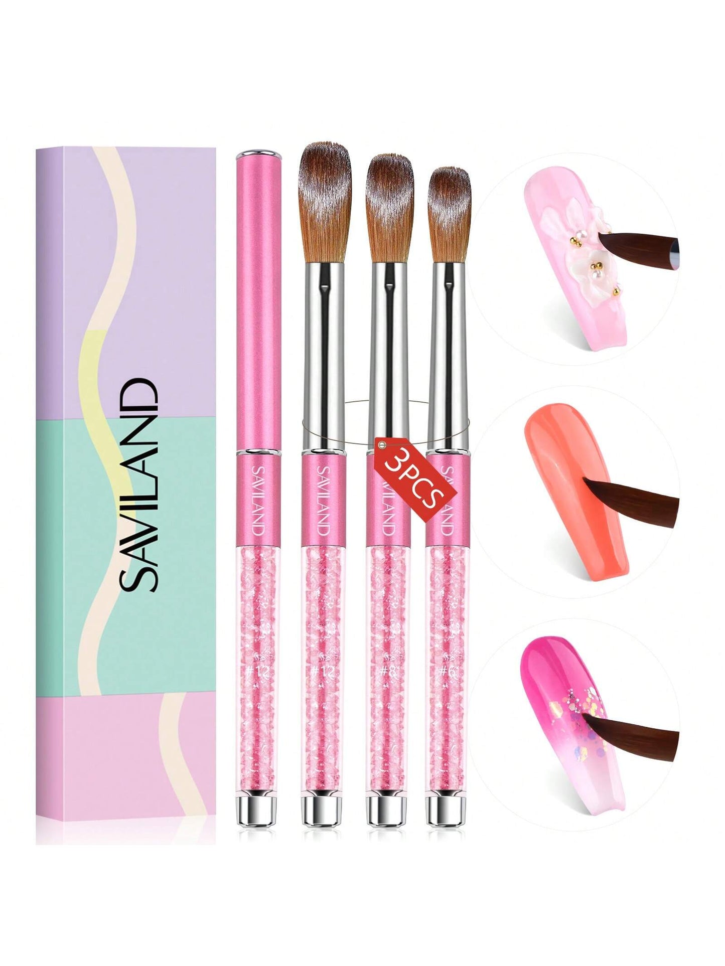 3pcs Acrylic Nail Brush Set - Size 6/8/12 Acrylic Nail Brushes For Acrylic Application, Professional Acrylic Brush Set For Acrylic Powder Nail Art Extension & 3D Carving Nail Salon Home DIY