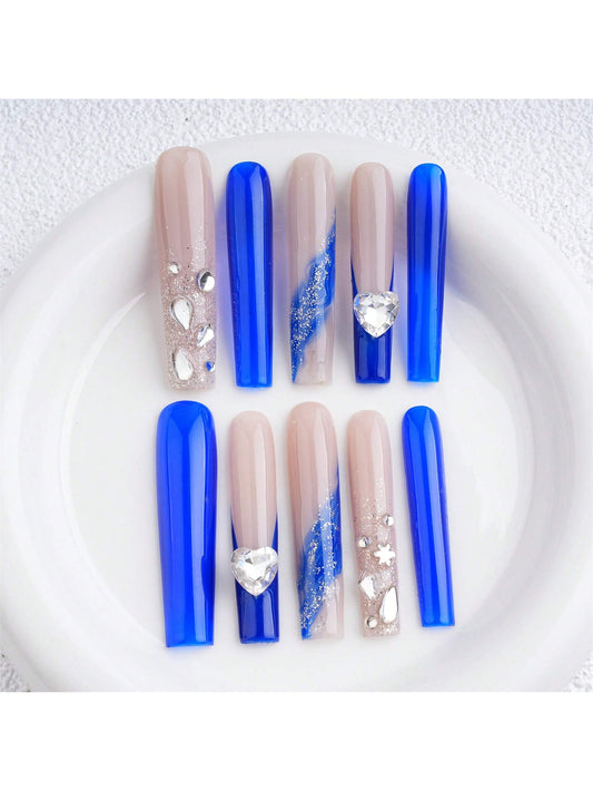 Blue Luxury Press On Nails, French Style Party Birthday Nails, Extra Long Coffin Nails, Fake Diamond Nails, Birthday Gift